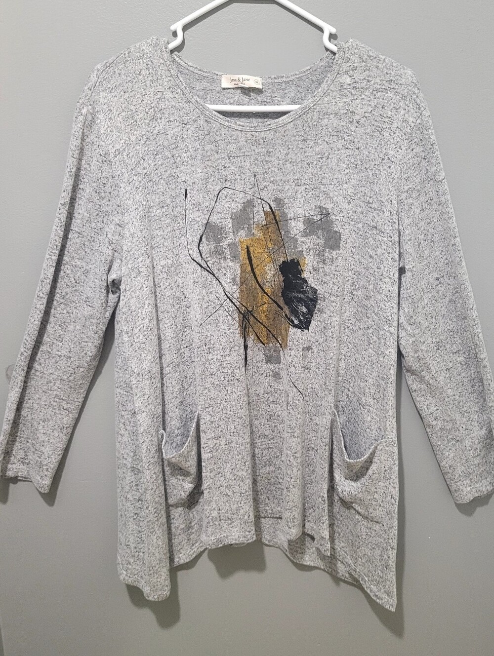 Jess & Jane Gray Artsy Pocket Front Tunic Top Sz Xl